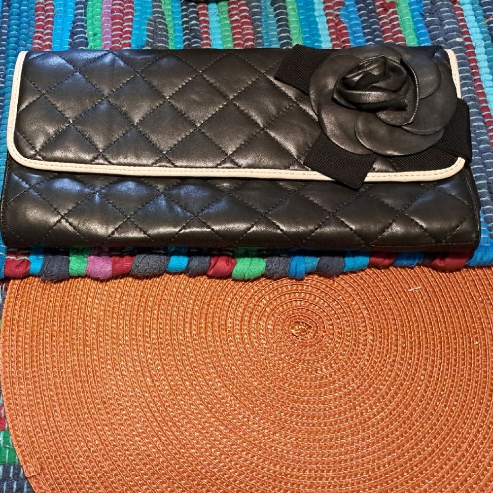 DKNY Black Quilted Clutch with Flower Accent